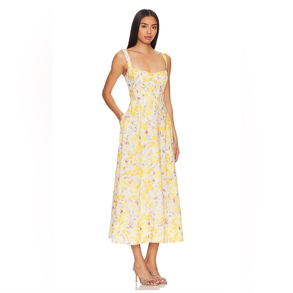 Bardot Lilah Corset Midi Dress in Yellow Floral